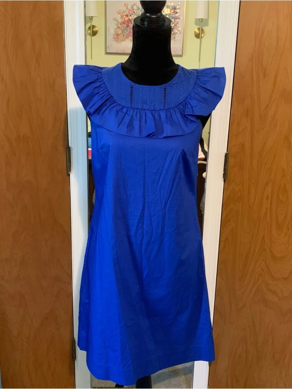 J.Crew Blue Ruffle Neck Shift Dress Size 2  Classic Preppy Career Chic